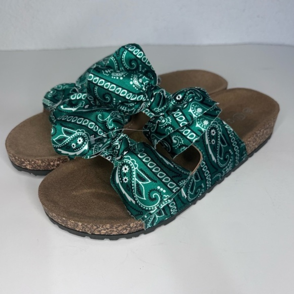 G.N.D. Green Satin Bowed Slip On Sandals Fashion Anatomical EVA Footbed New 9